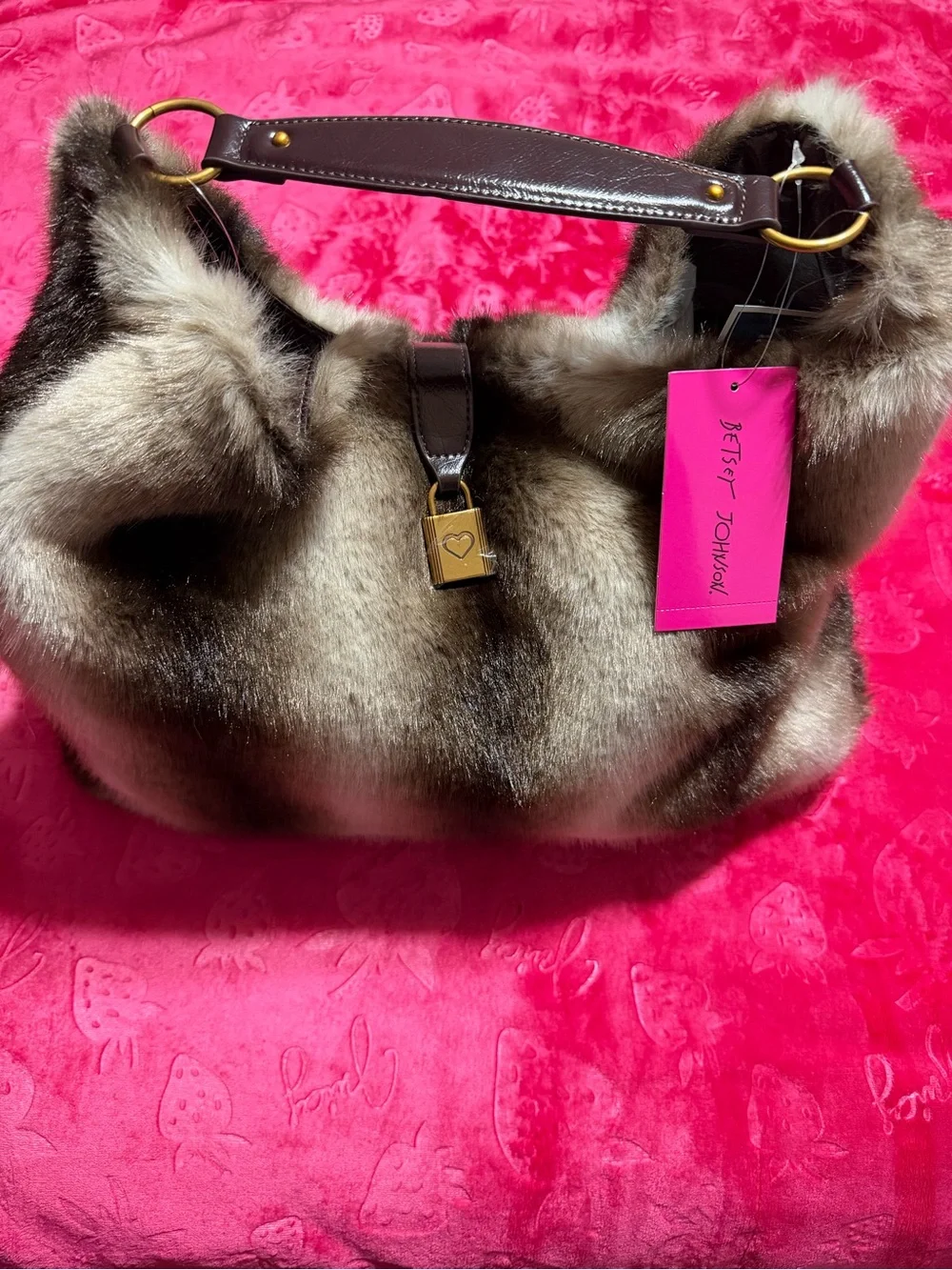 Betsey Johnson Brown Fur Shoulder Bag with Dark Brown Handle